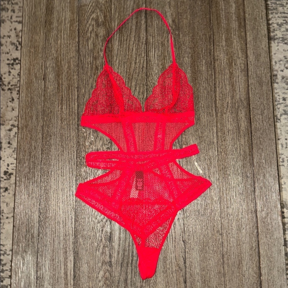 Victoria's Secret Very Sexy Red Mesh Teddy Bodysuit Lace